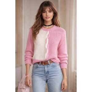 Changing Scene Sweater Womens L FIts S Pink White Colorblock 90s Vtg Chunky Knit